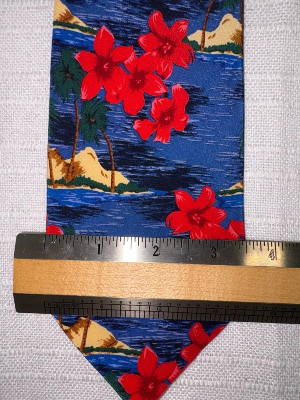 Museum Artifacts Necktie Blue Hawaiian Tropical Floral Palm Silk